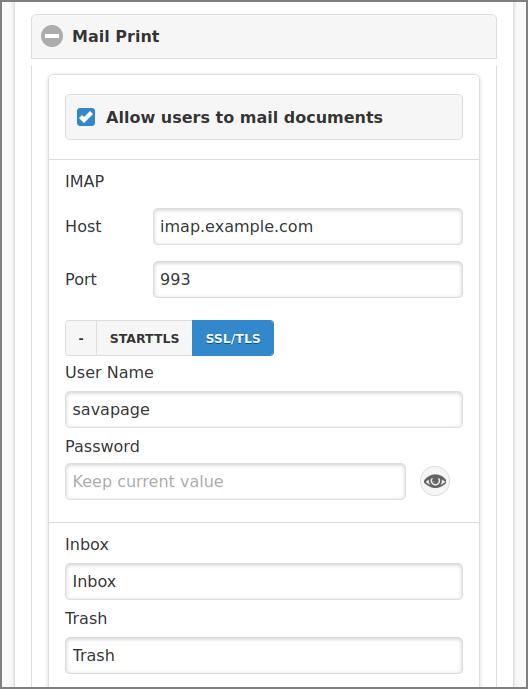 Admin Web App: Options - Mail Print (IMAP)