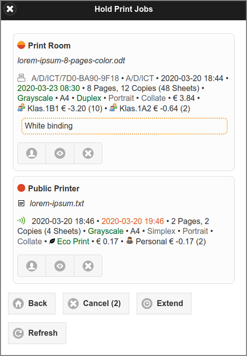 User Web App: Hold Print Jobs